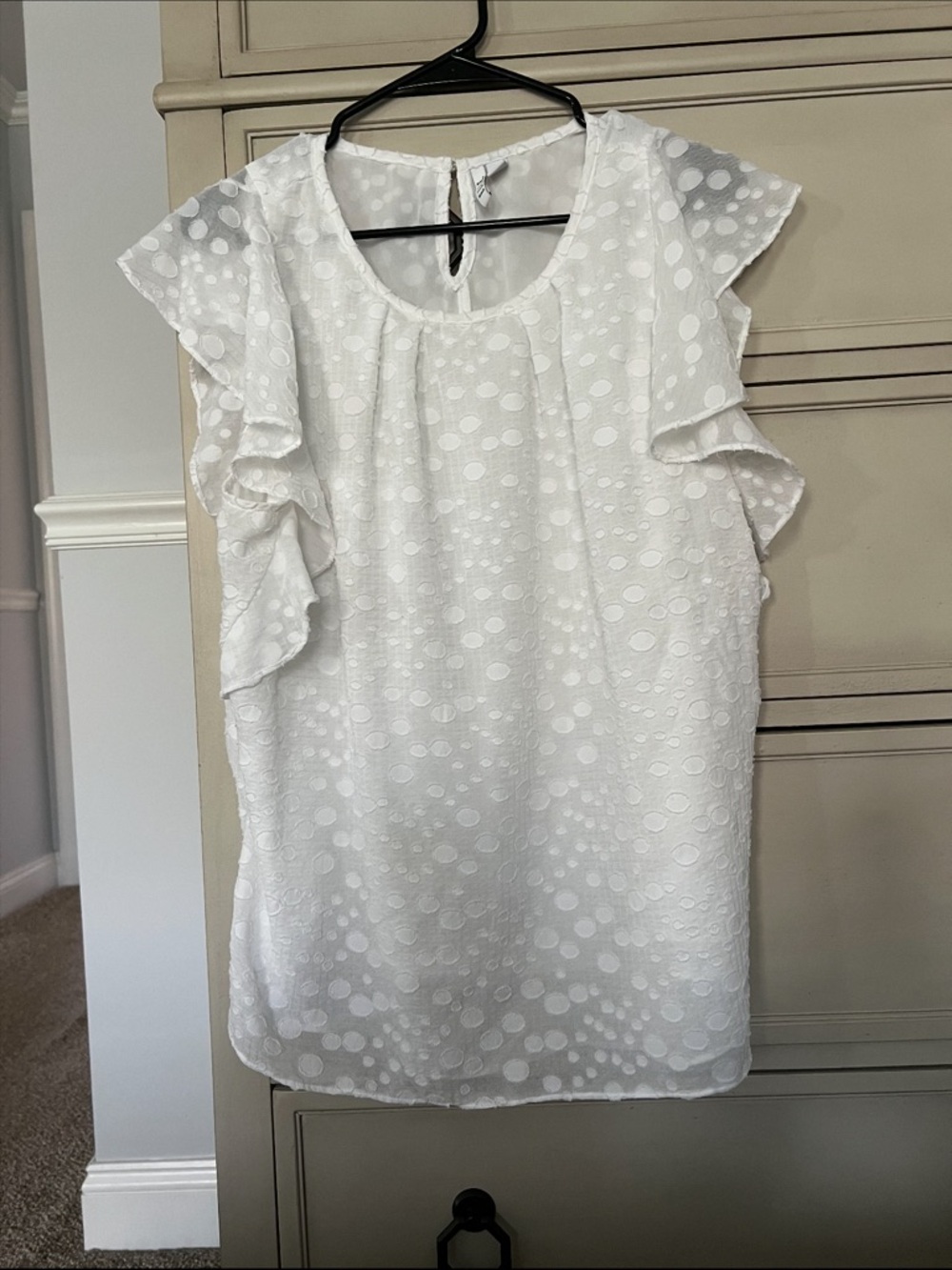 Elle White Dot Texture Ruffle Sleeve Blouse